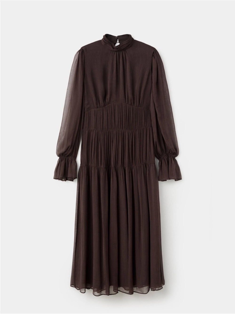 Mango Chocolate Brown Sheer Long-Sleeve Midi Dress